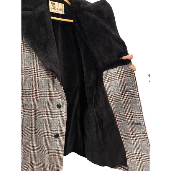 Huckberry Vintage M Plaid Wool Shearling Coat $550 Wide Lapel Long Jacket Gray - Picture 5 of 11